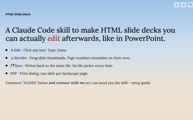 Preview of HTML Slide Decks with Claude Code: Edit, Reorder and Save in the Browser